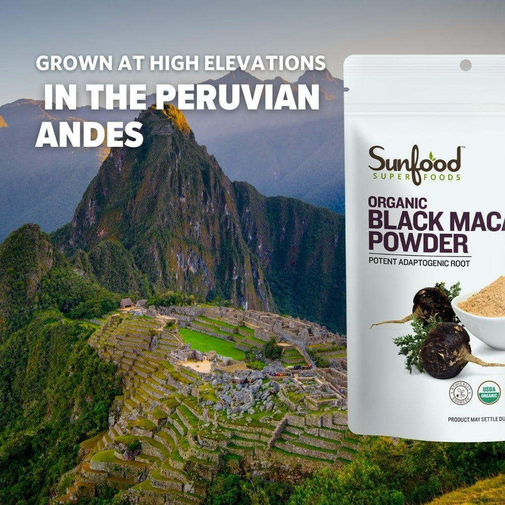 Glass of smoothie featuring Sunfood Black Maca Powder as a versatile mix-in.
