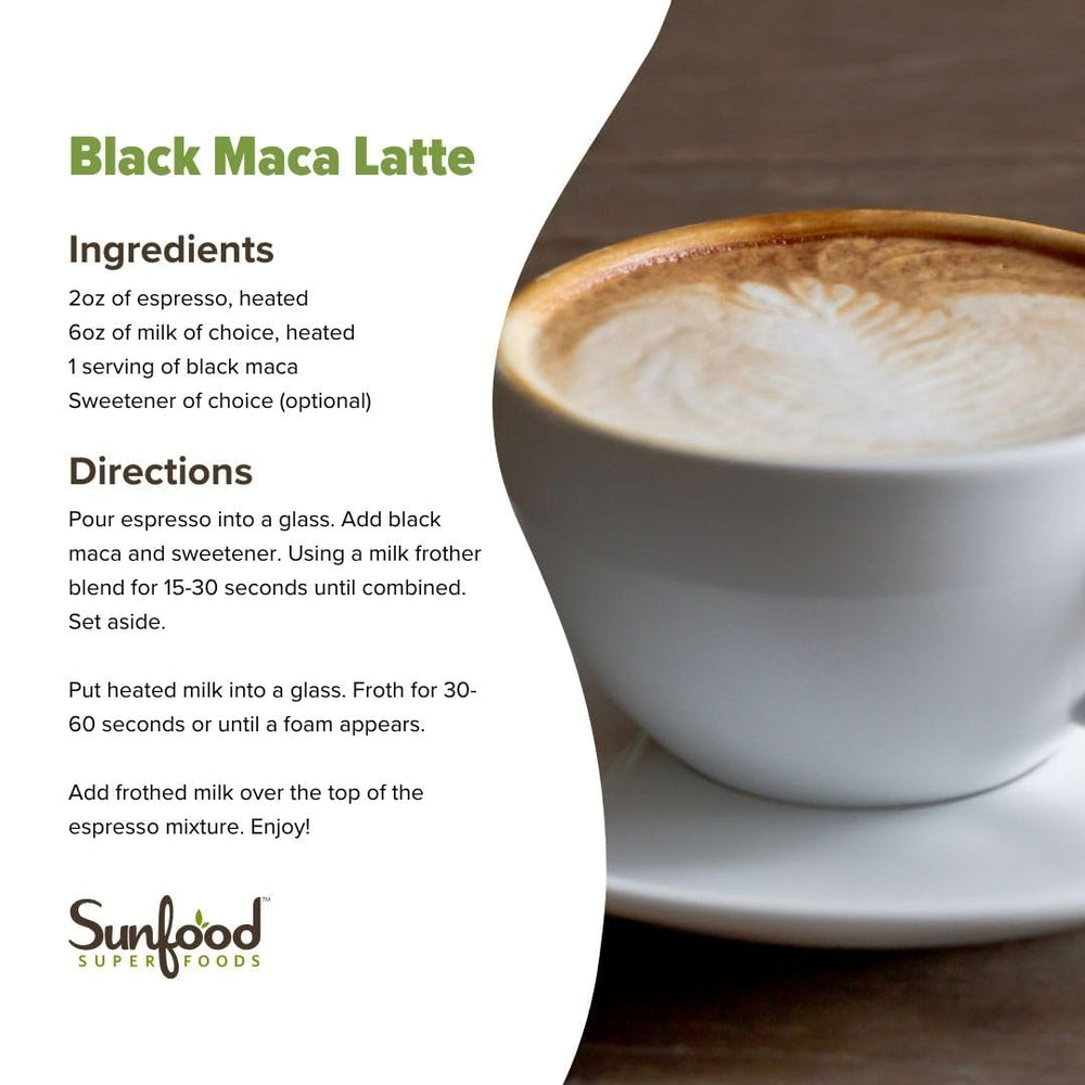 Close-up of Sunfood Black Maca Powder texture, raw and premium quality visible.