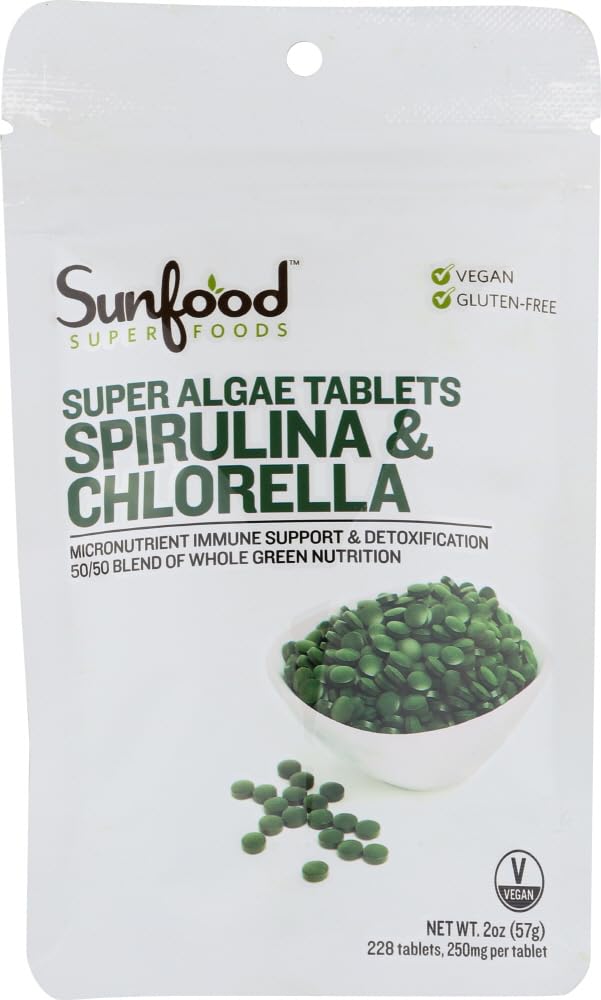 Sunfood Chlorella Spirulina tablets in bottle for daily vegan nutrition.