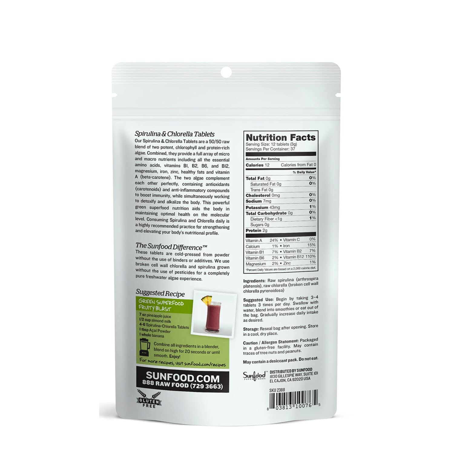 Sunfood Chlorella Spirulina tablets close-up showing vibrant green capsules for absorption