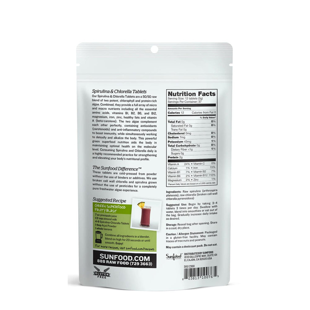 Sunfood Chlorella Spirulina tablets close-up showing vibrant green capsules for absorption