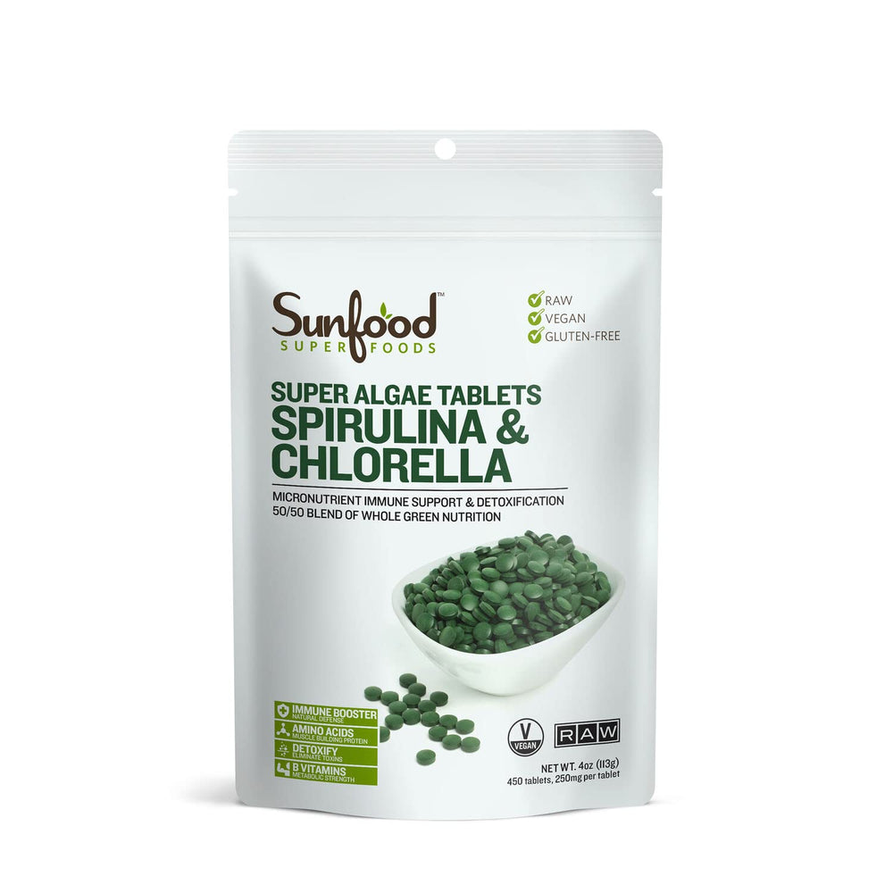 Sunfood Chlorella Spirulina tablets pack shot for daily nutrition