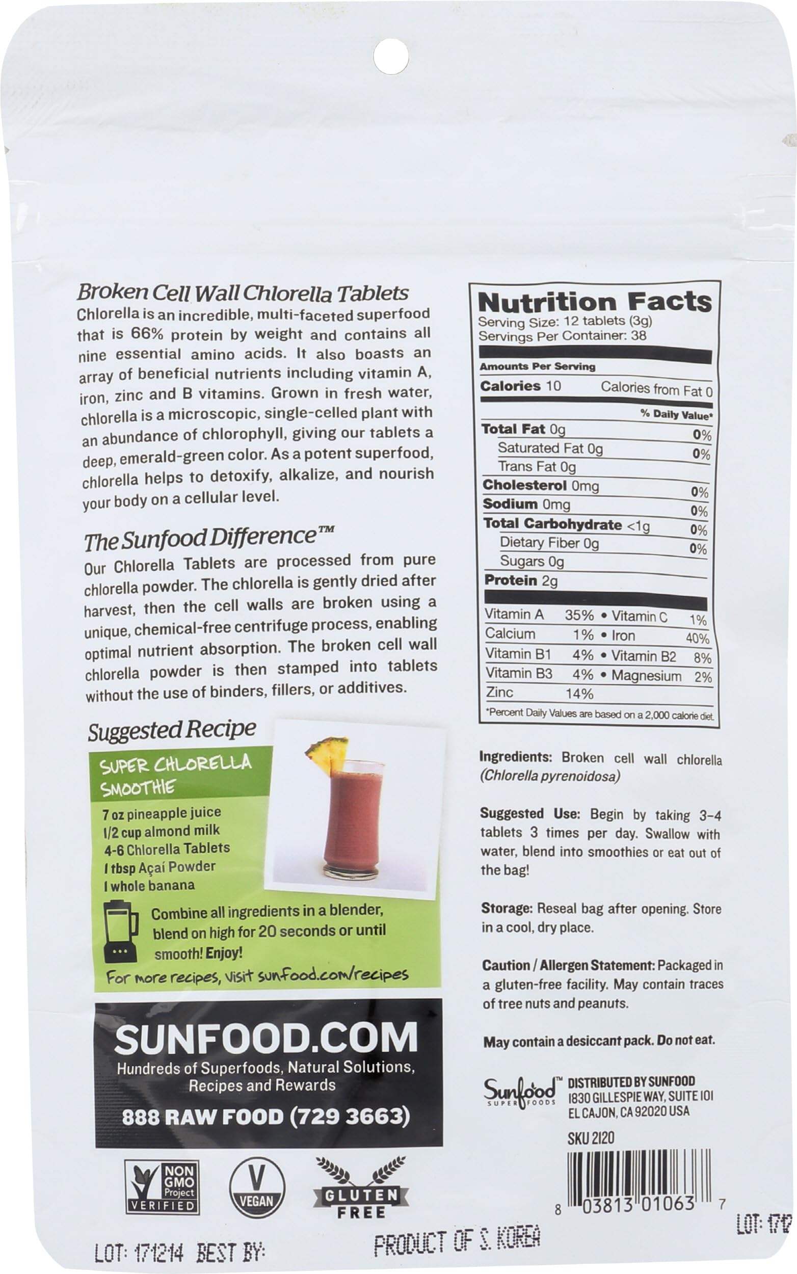 Sunfood Chlorella tablets bottle front showing convenient packaging