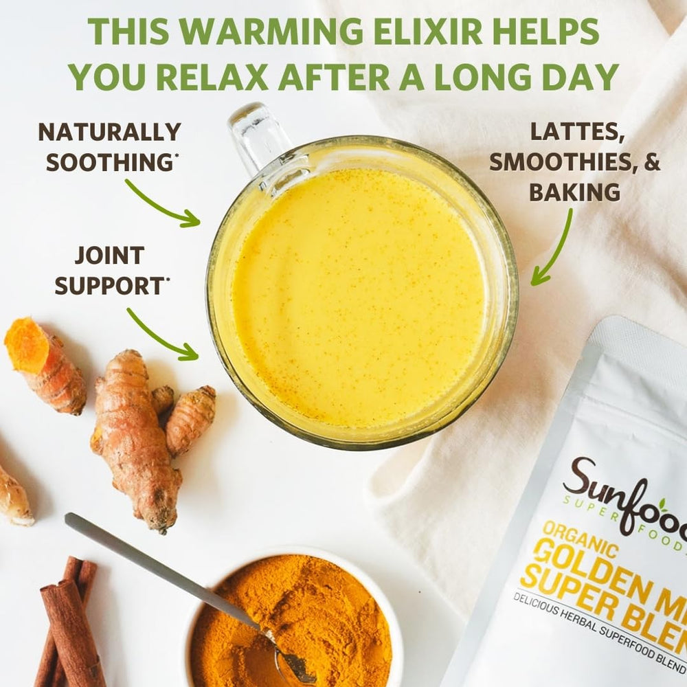 Sunfood Golden Milk Super Blend creates a fragrant steam rising over a warm cup.