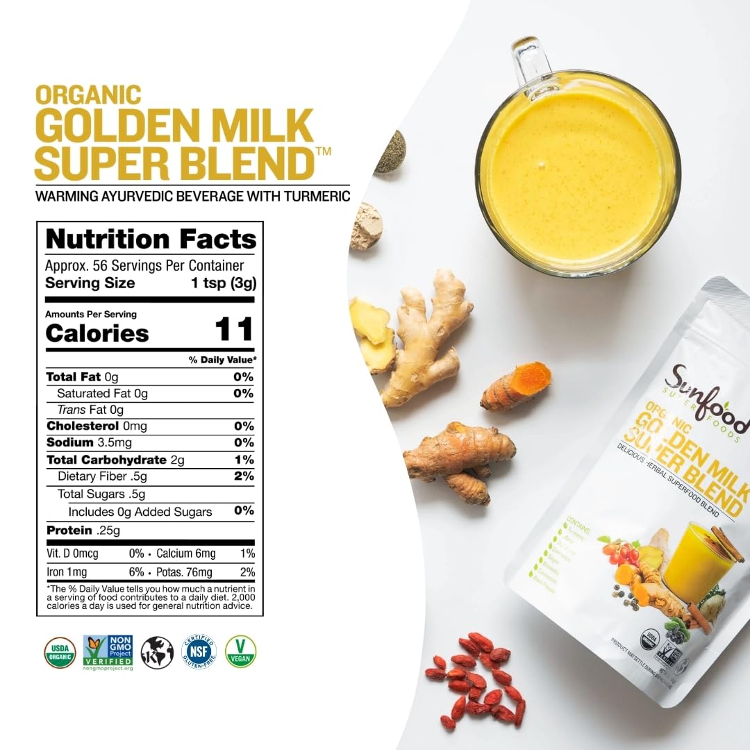 Sunfood Golden Milk Super Blend with turmeric and ginger boosts cozy rituals.