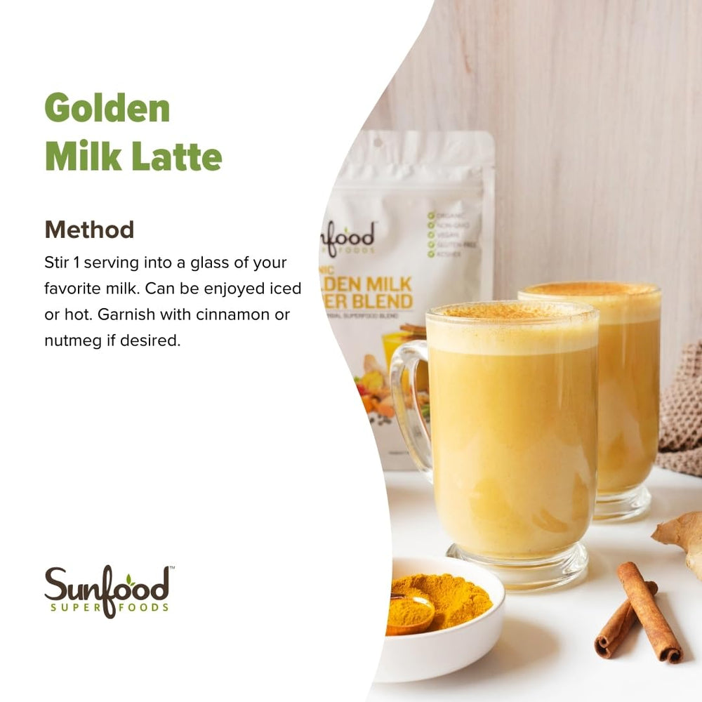 Sunfood Golden Milk Super Blend label shows USDA Organic and Kosher certifications.