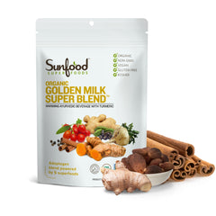 Sunfood Golden Milk Super Blend packaging highlighting organic certification and premium spice blend.