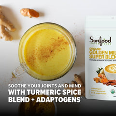 Sunfood Golden Milk Super Blend poured into mug for a comforting turmeric-ginger latte.
