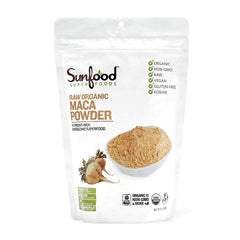 Sunfood Maca powder bottle highlighting daily vitality and energy.