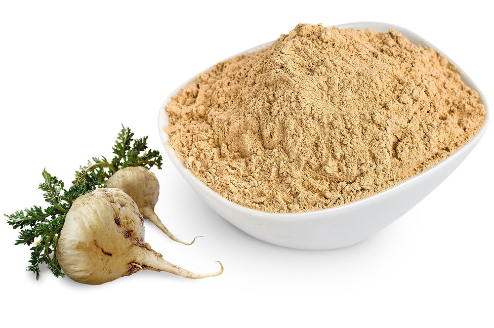 Sunfood Maca powder packaging label showing organic vegan credentials.