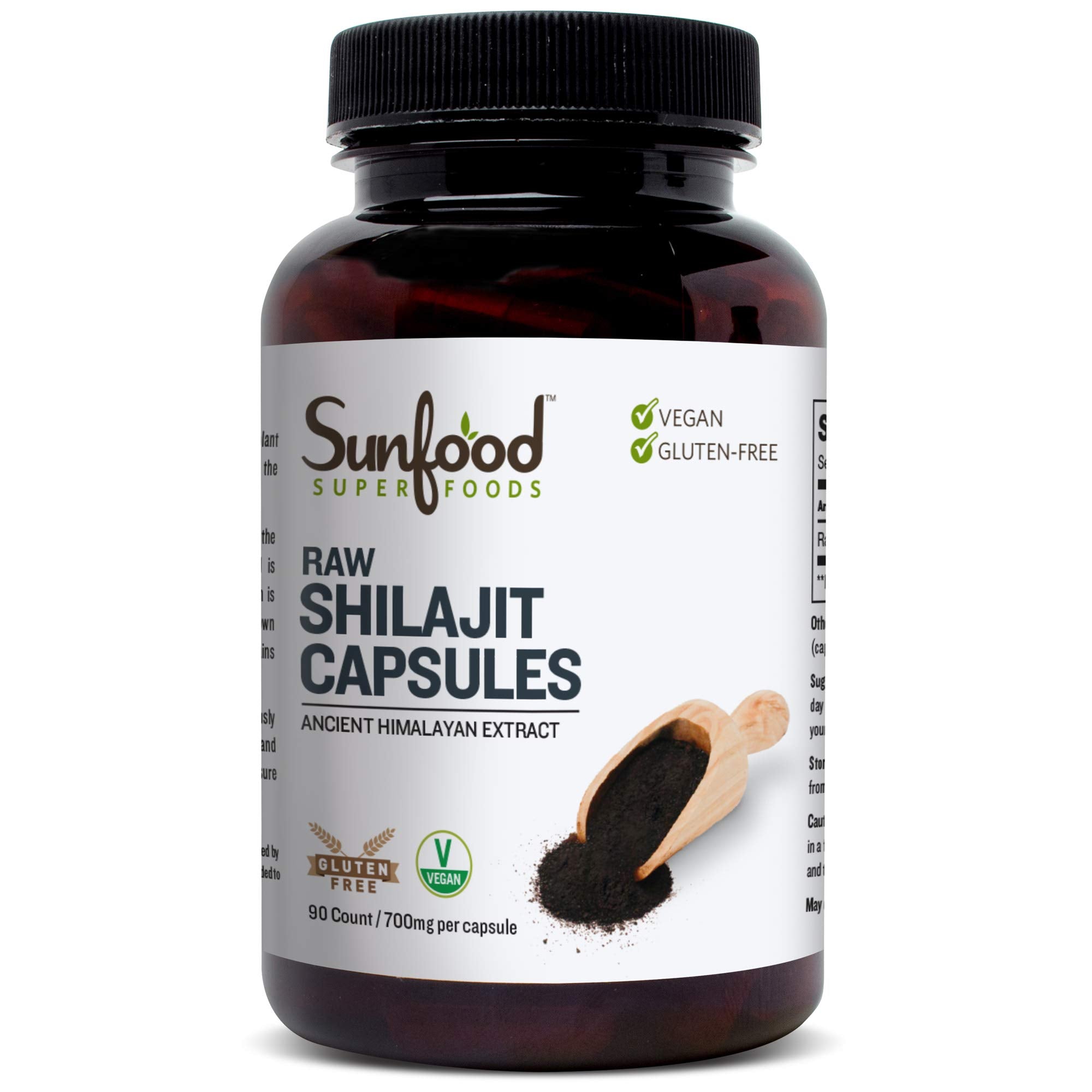 Sunfood Shilajit capsules bottle closeup for convenient daily use.