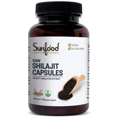 Sunfood Shilajit capsules bottle closeup for convenient daily use.