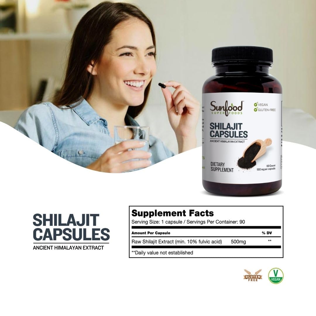 Sunfood Shilajit capsules on a pile showing capsule dosage options.