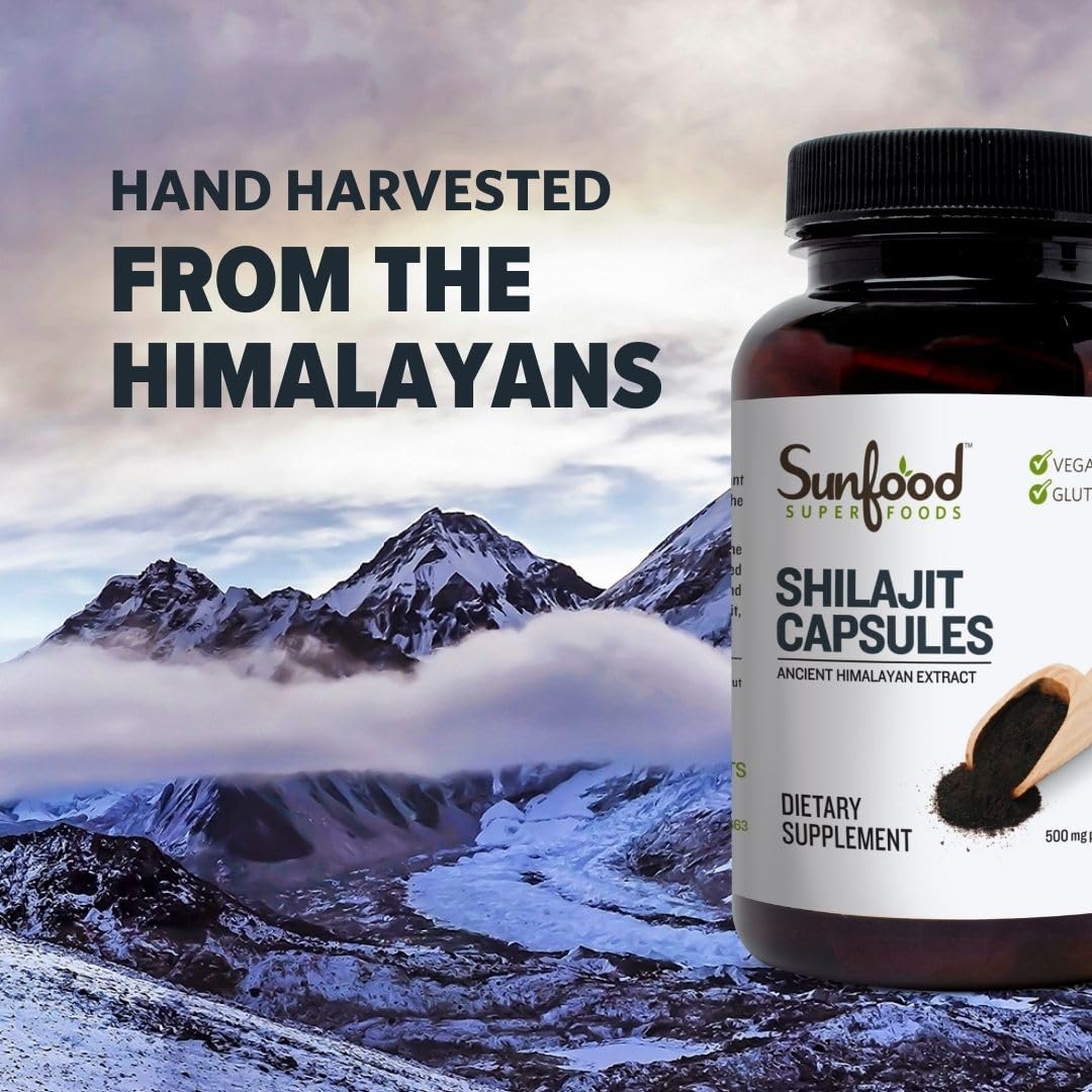 Sunfood Shilajit capsules packaging demonstrates quality testing and purity.