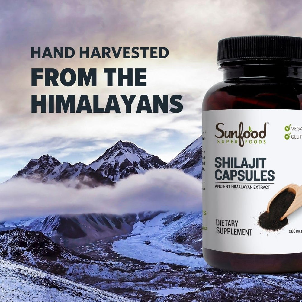 Sunfood Shilajit capsules packaging demonstrates quality testing and purity.