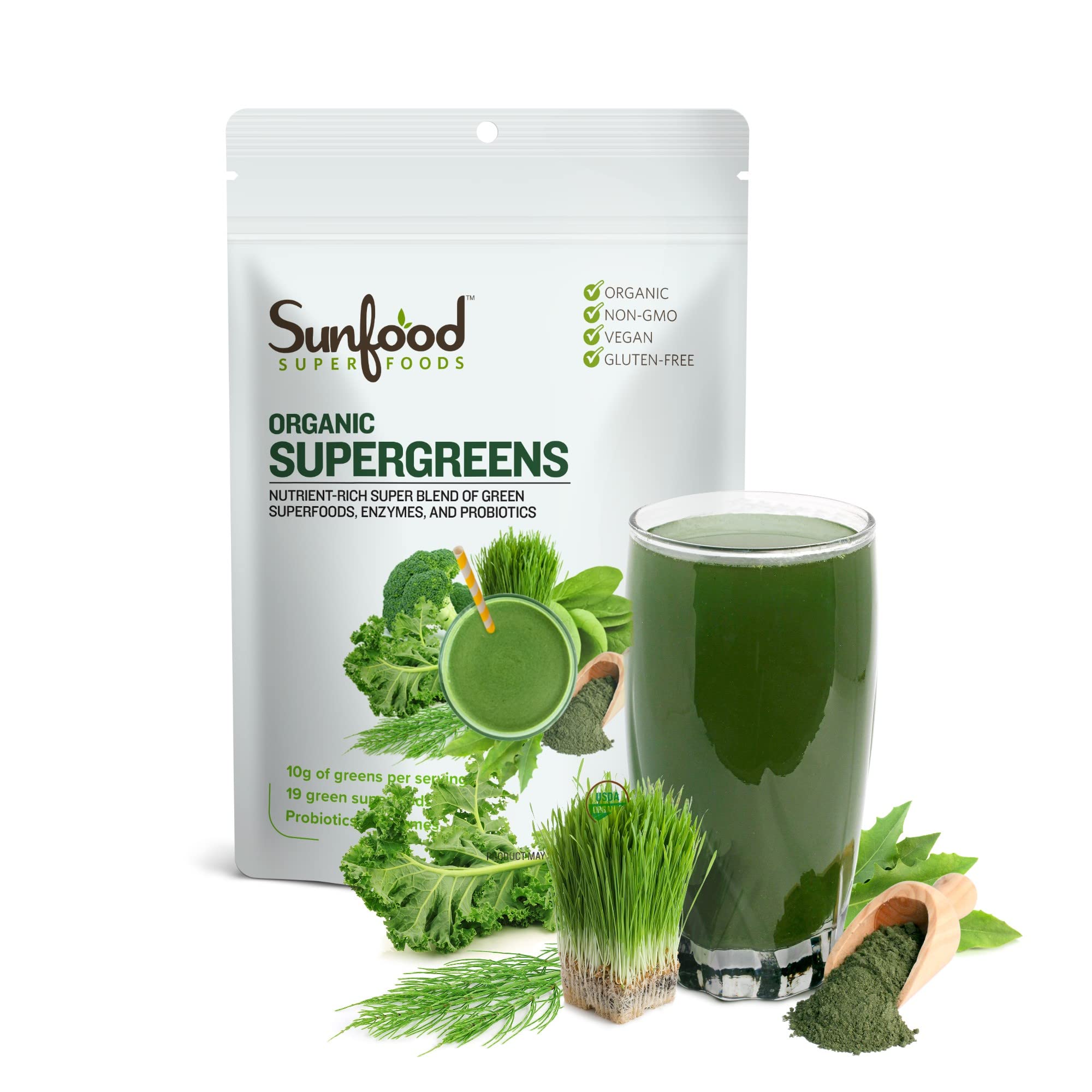 Sunfood Supergreens front of package, organic greens blend for daily vitality.