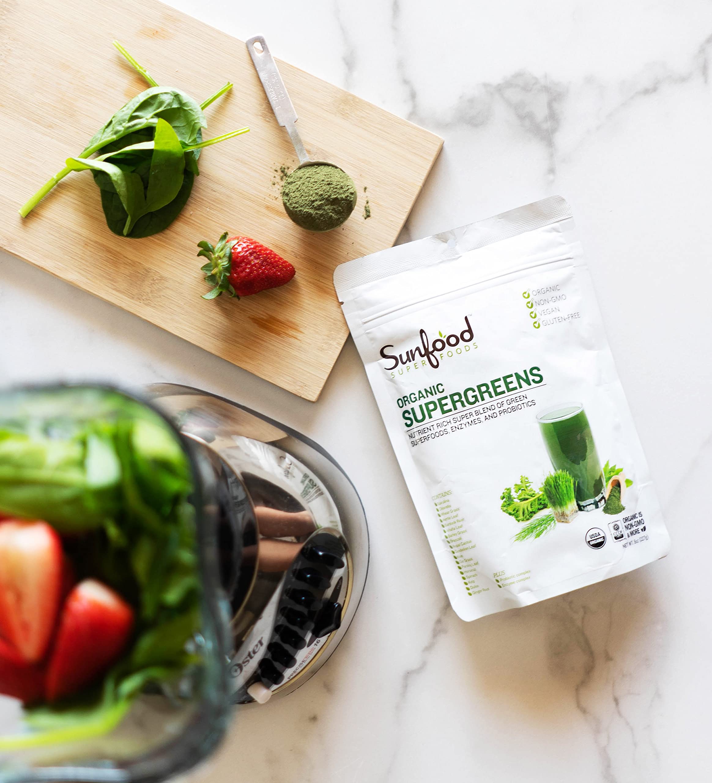 Sunfood Supergreens ingredients illustration featuring spirulina and chlorella for nutrient-dense greens.