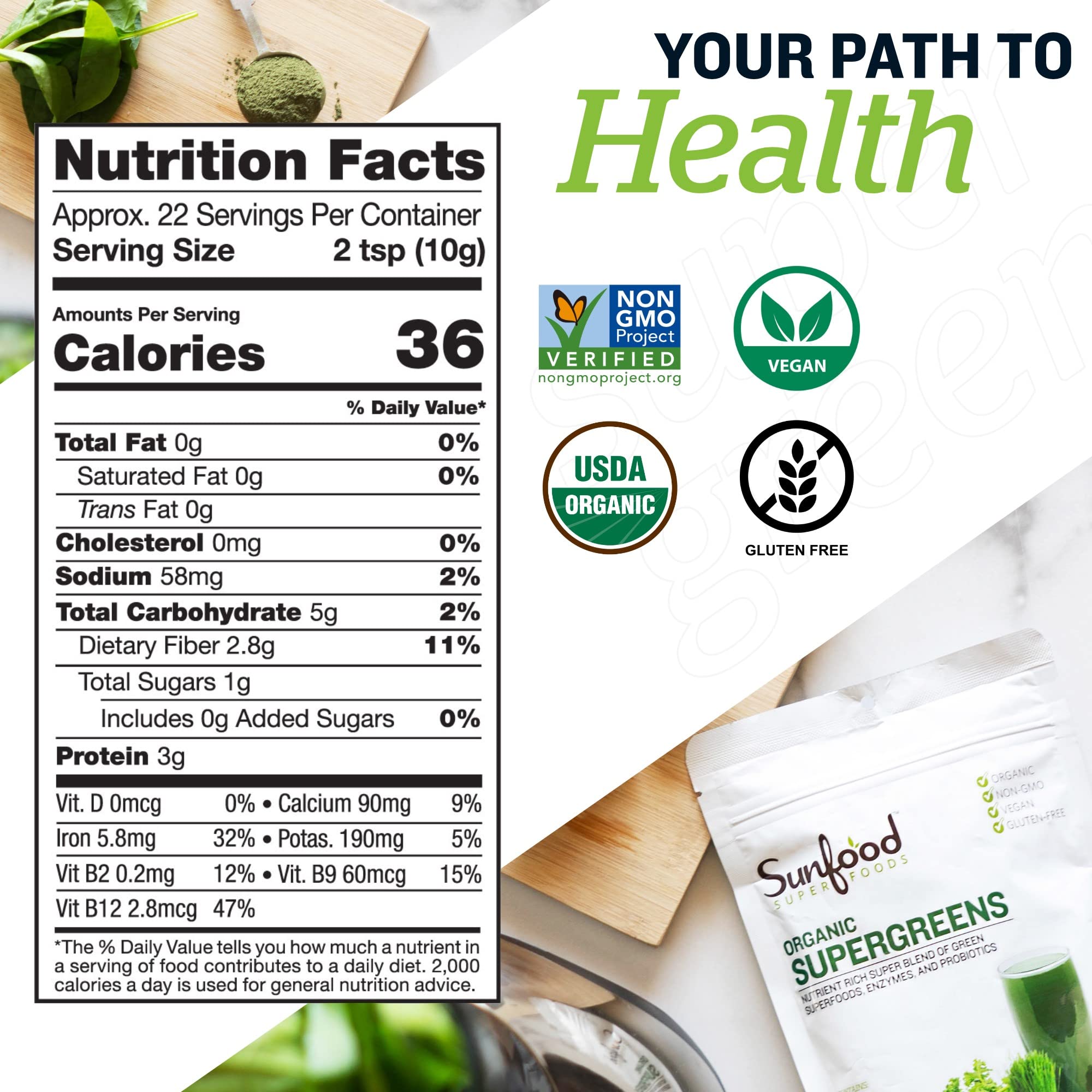 Sunfood Supergreens label detail highlighting 19 greens and enzyme complex.