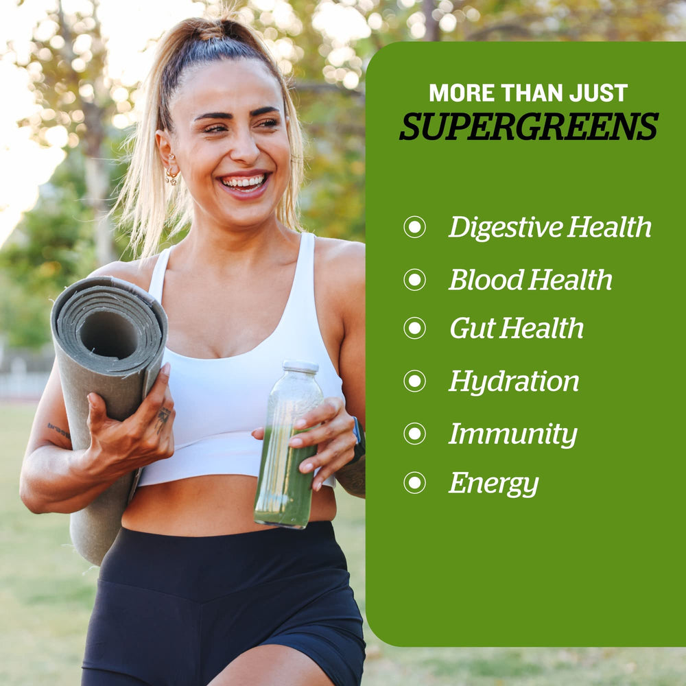 Sunfood Supergreens scoop in bowl, easy daily mix for smoothies.