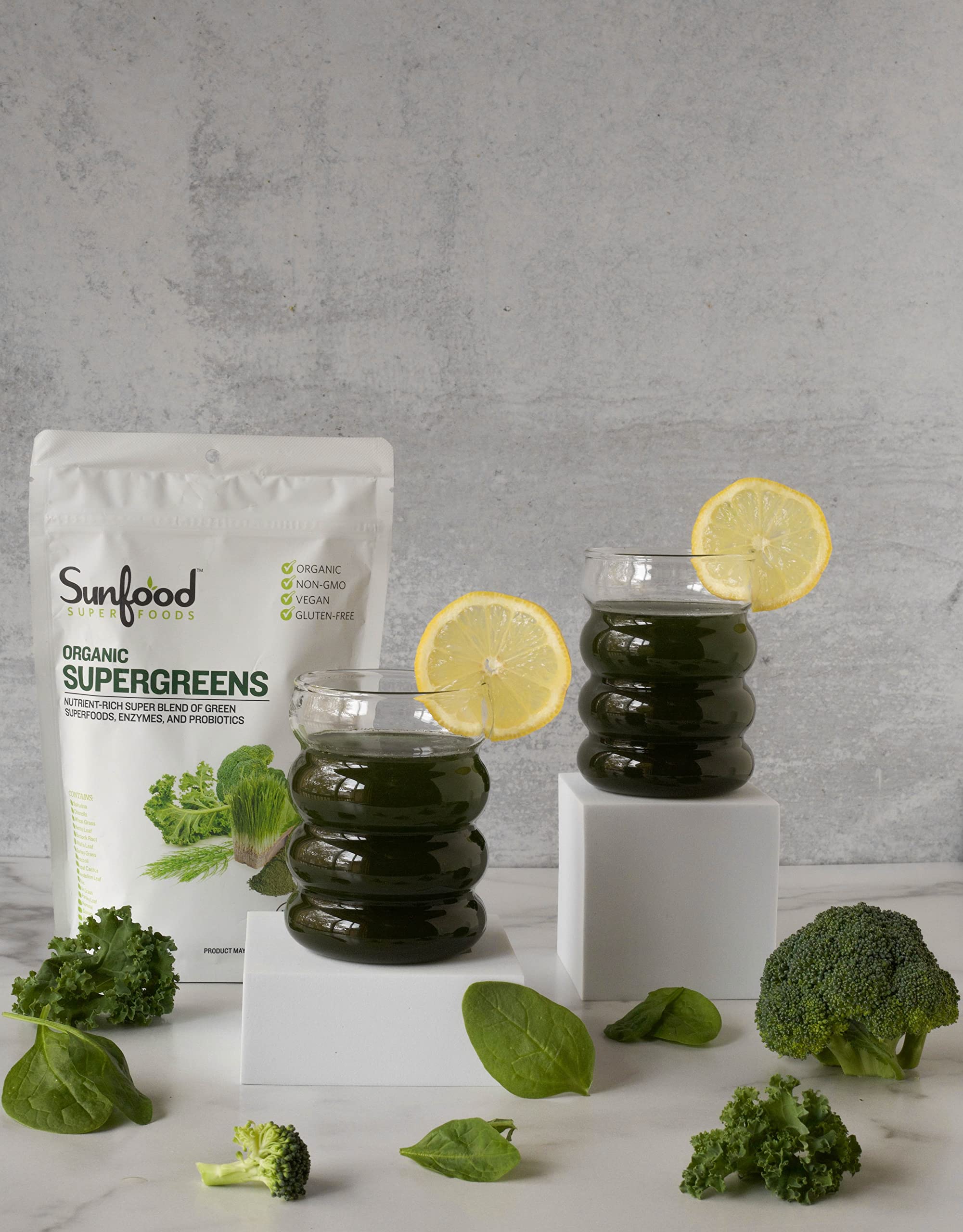 Sunfood Supergreens serving size image, quick green boost.