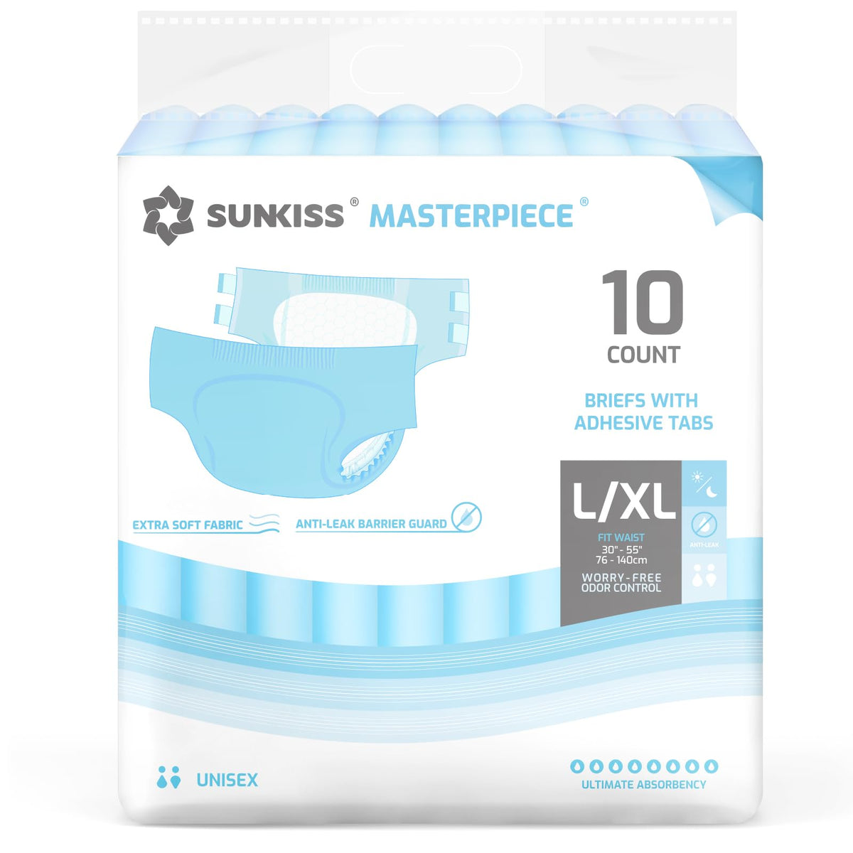 SUNKISS Masterpiece adult diapers with tabs front view showing secure closure