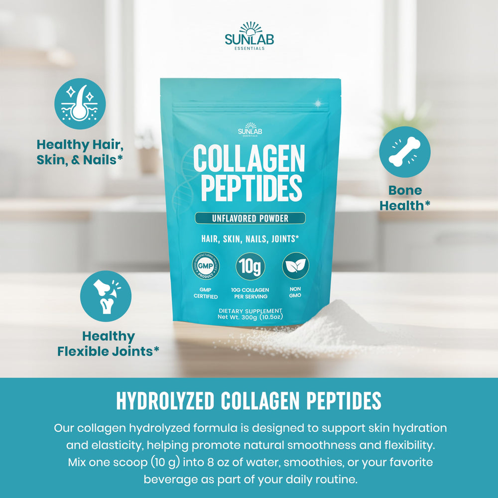 GMP-certified SunLab Essentials collagen peptides seal highlights strict manufacturing standards