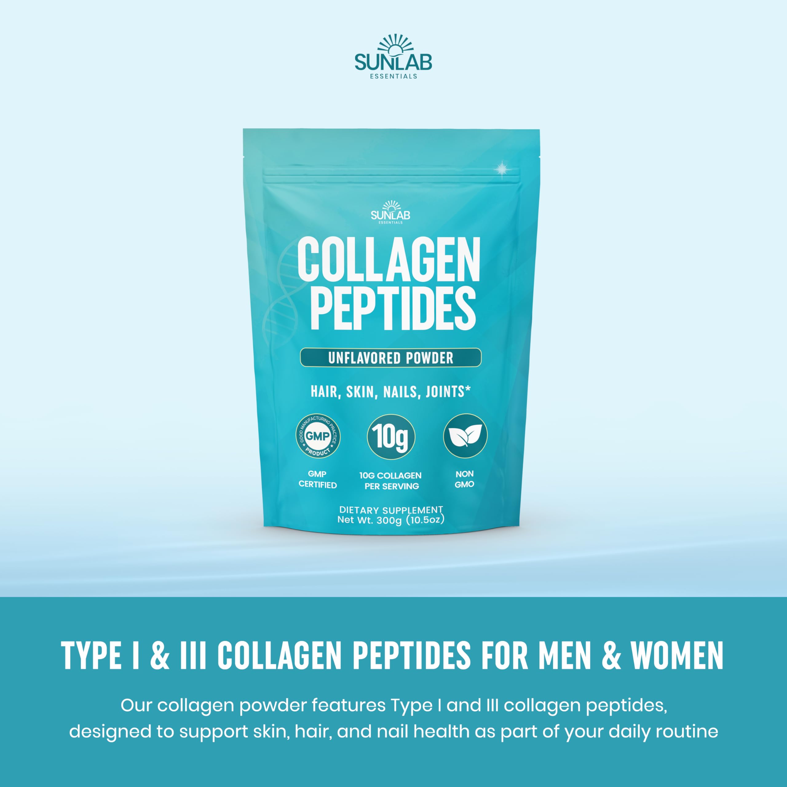 Unflavored SunLab Essentials collagen peptides powder ready to mix into beverages