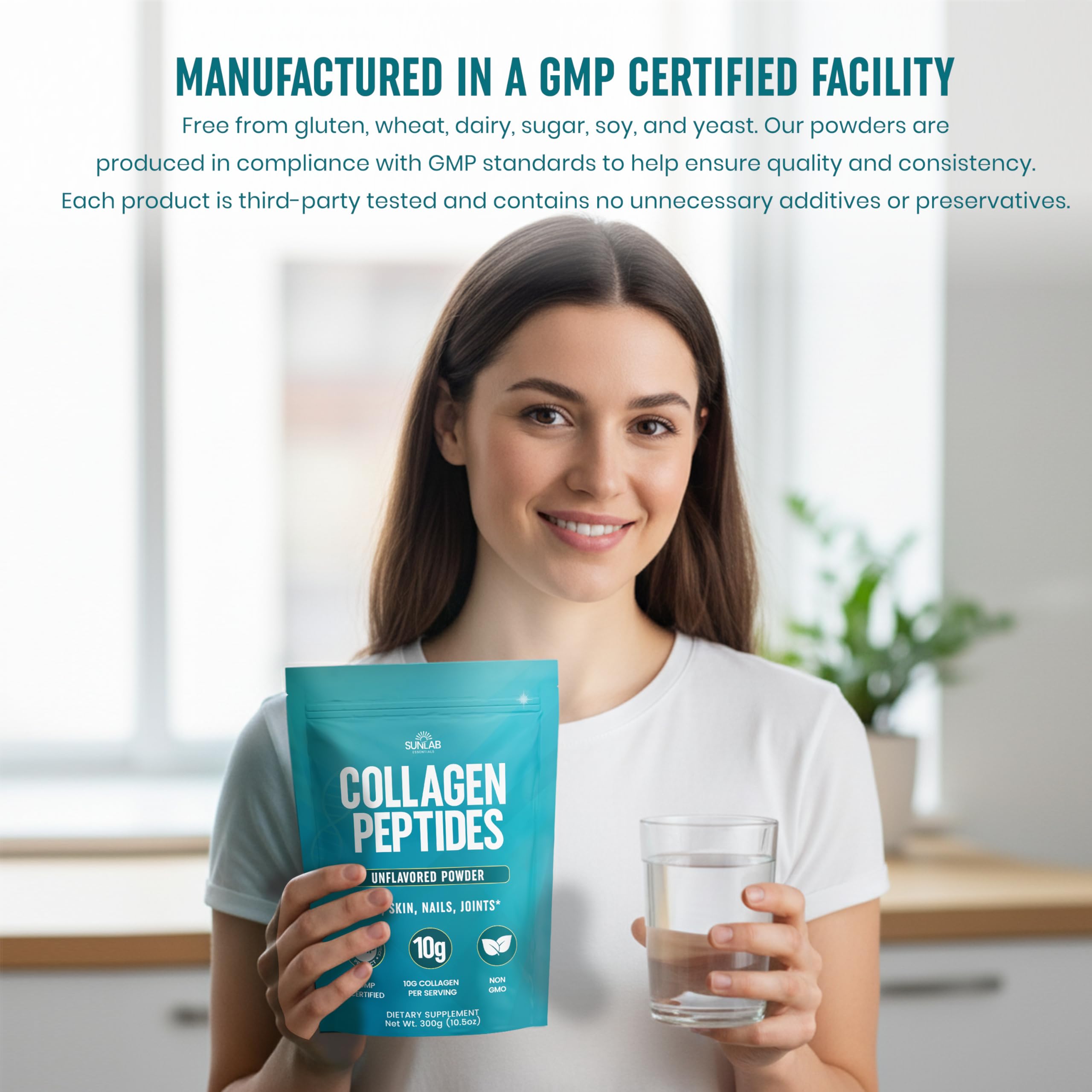 Third-party tested SunLab Essentials collagen peptides badge signals independent verification