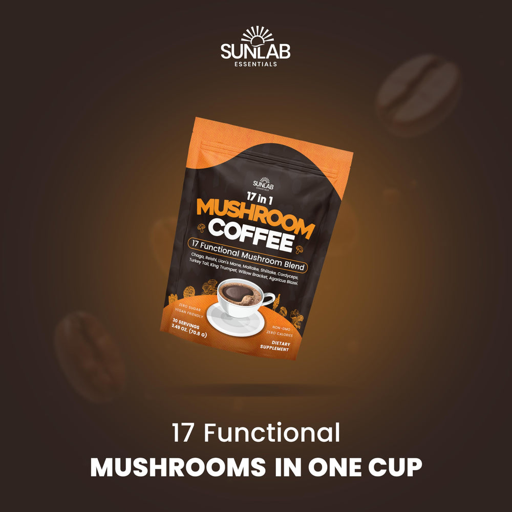SunLab Essentials steaming mushroom coffee cup for a focused morning