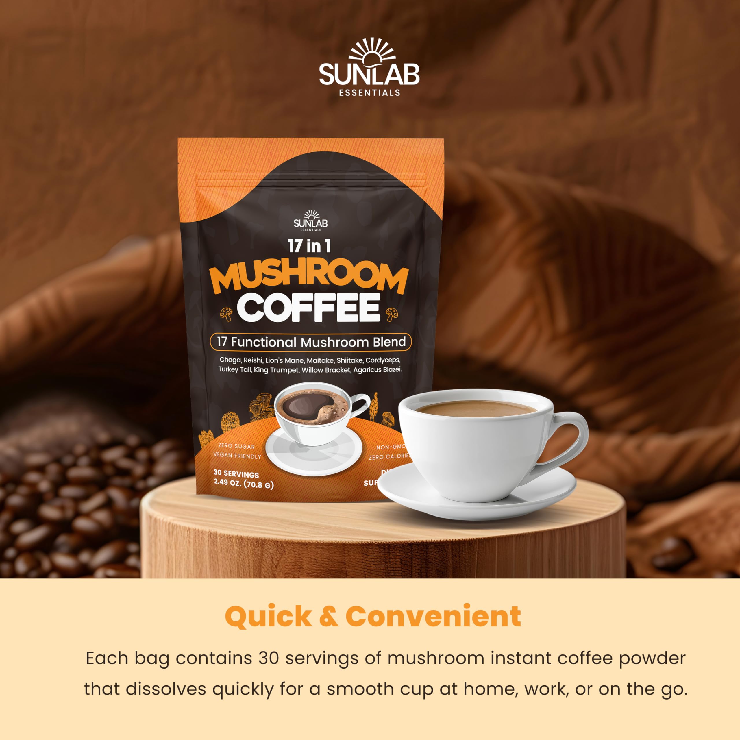 SunLab Essentials office desk cup of mushroom coffee for productive work