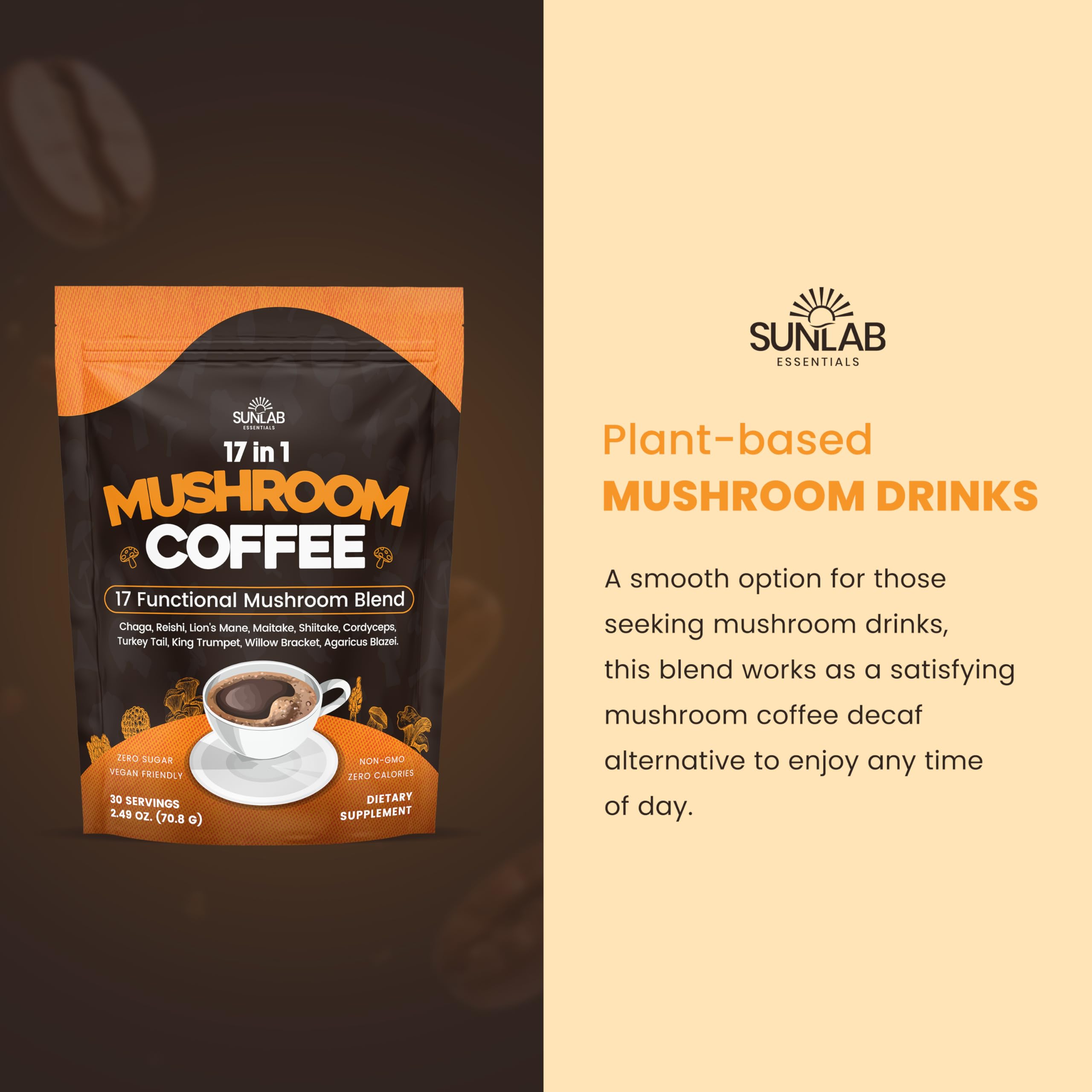 SunLab Essentials mushroom coffee on a kitchen shelf with natural light