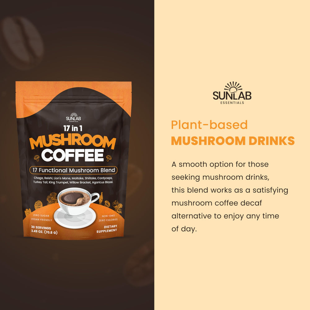 SunLab Essentials mushroom coffee on a kitchen shelf with natural light