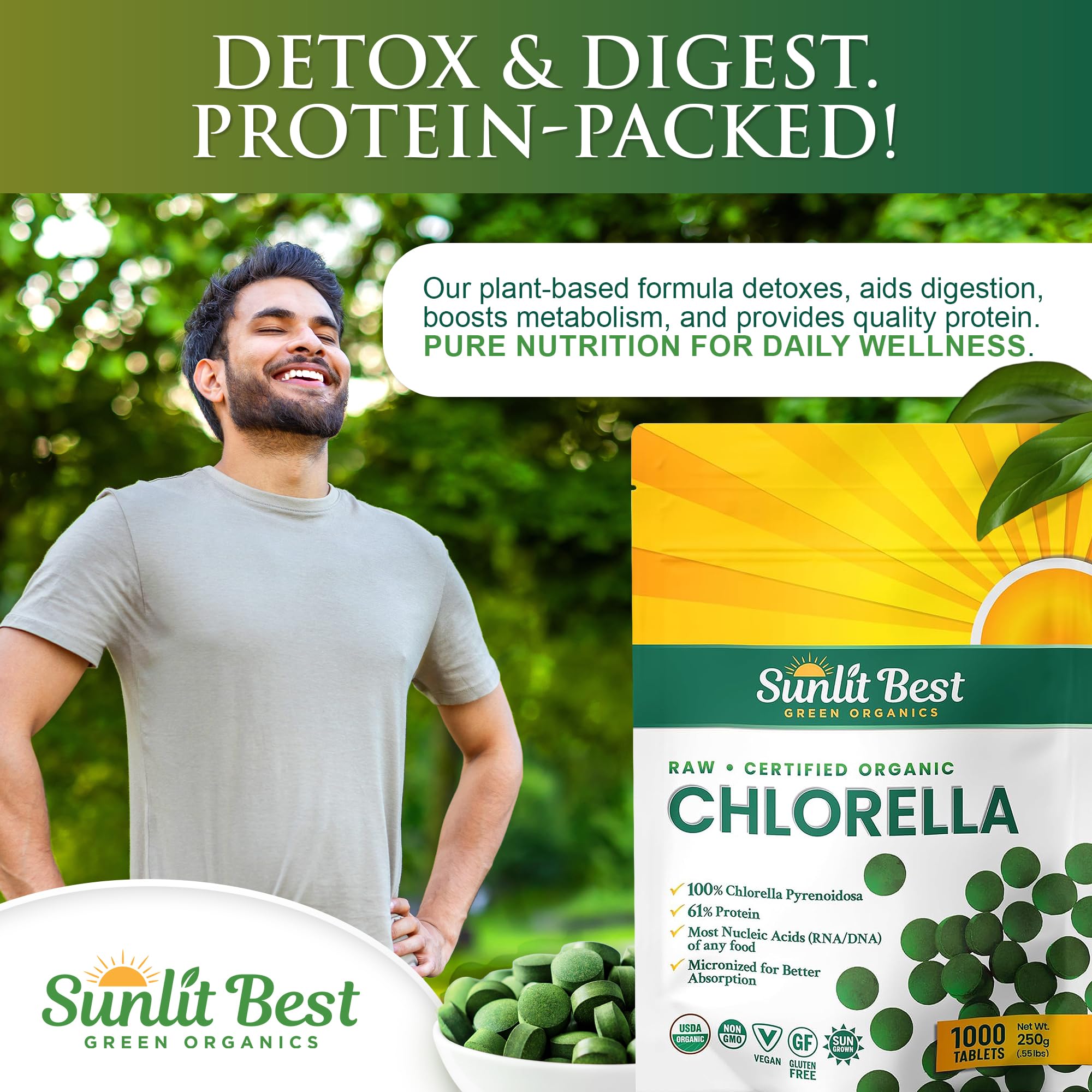 Sunlit Best Chlorella cracked-wall-technology demonstrates enhanced absorption.