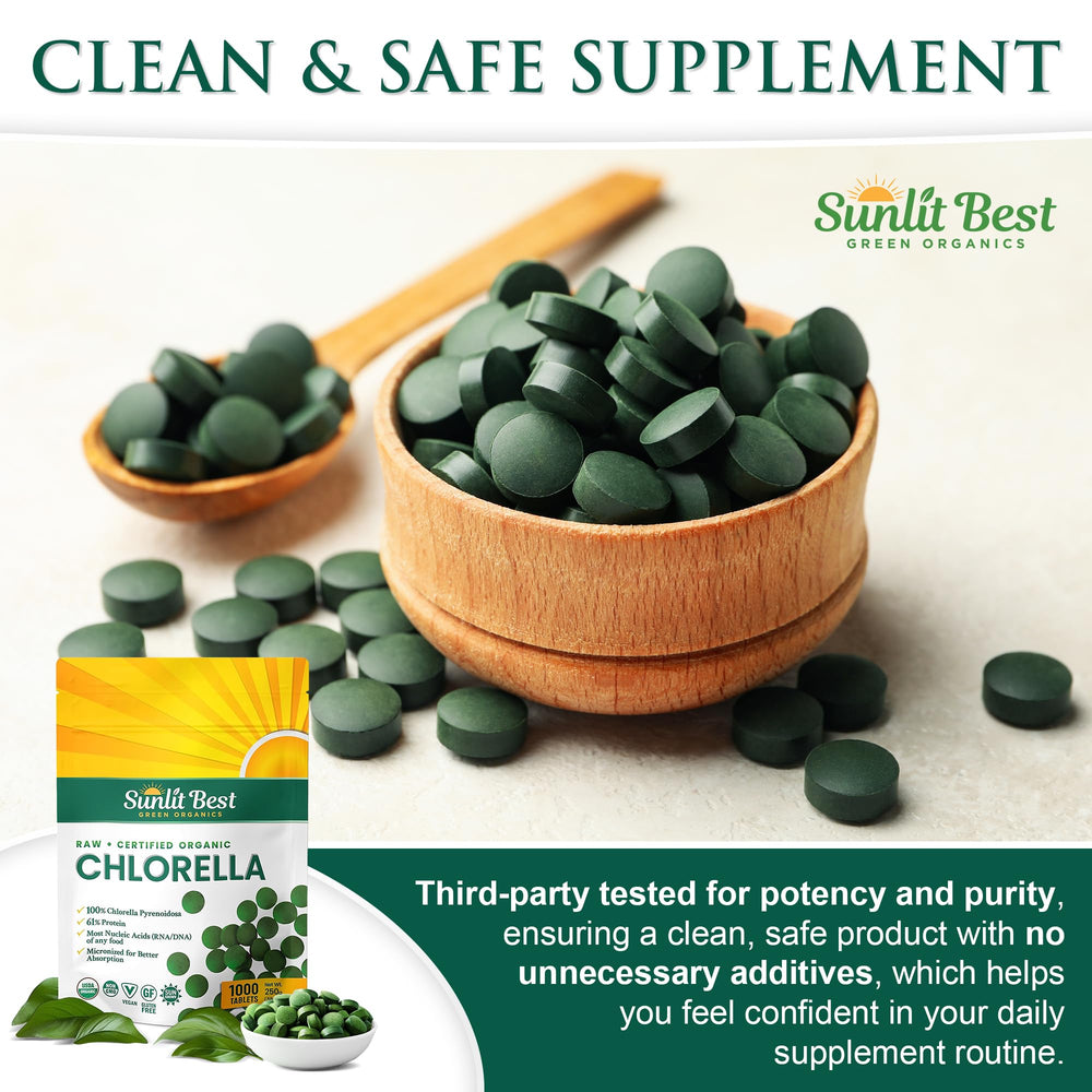 Sunlit Best Chlorella ingredients close-up highlights chlorophyll, minerals, and vitamins.