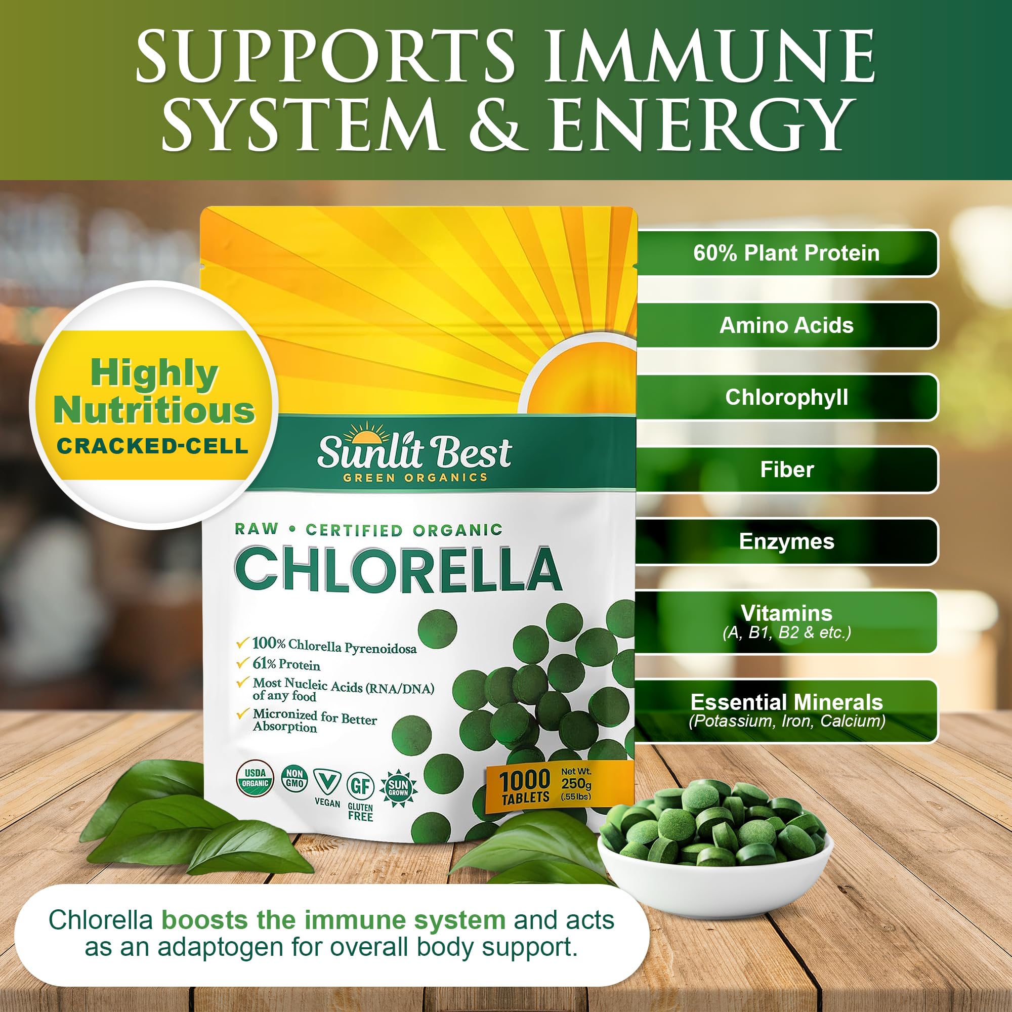 Sunlit Best Chlorella packaging shows 1000 tablets for a long-lasting plant protein boost.