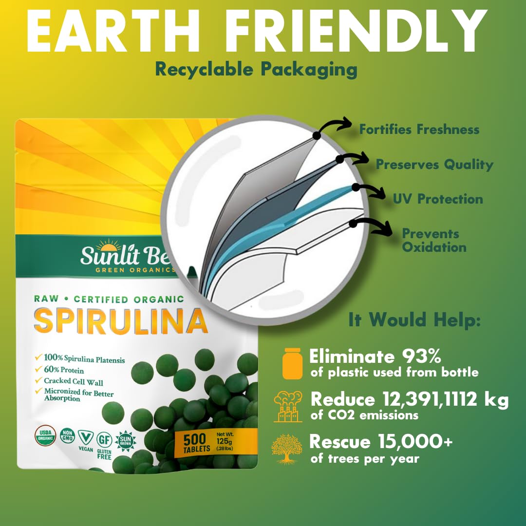 Sunlit Best Green Organics Spirulina, alto contenido proteico vegano para nutrición diaria.