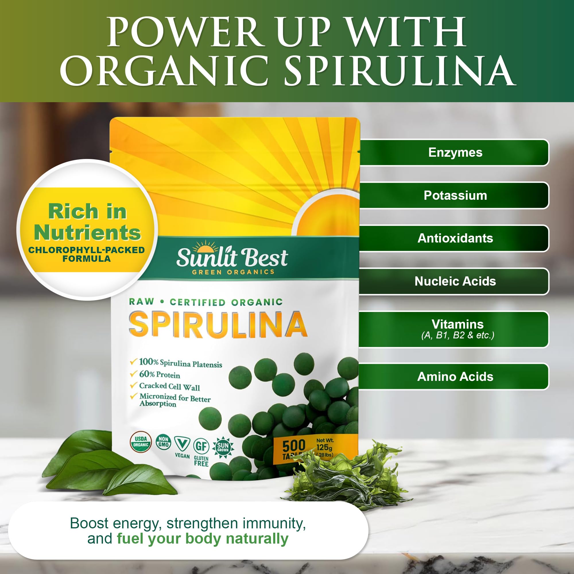 Sunlit Best Green Organics Spirulina, bote abierto mostrando tabletas, alta calidad.