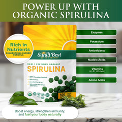 Sunlit Best Green Organics Spirulina, bote abierto mostrando tabletas, alta calidad.