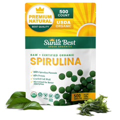 Sunlit Best Green Organics Spirulina, bote cerrado, ideal para energía diaria.