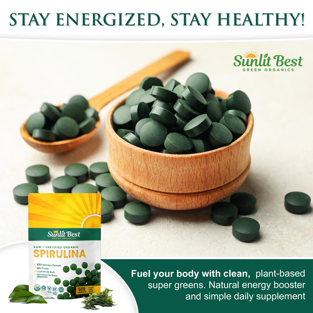Sunlit Best Green Organics Spirulina, uso diario recomendado para energía sostenida.