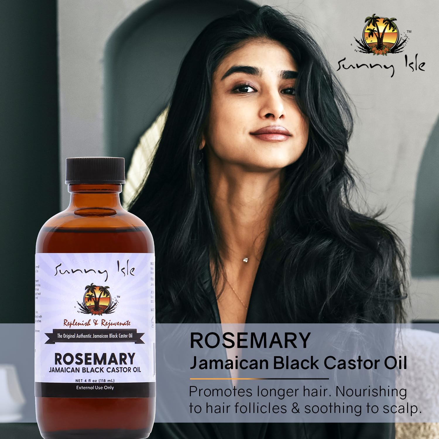 Sunny Isle label closeup shows authenticity and premium ingredients.
