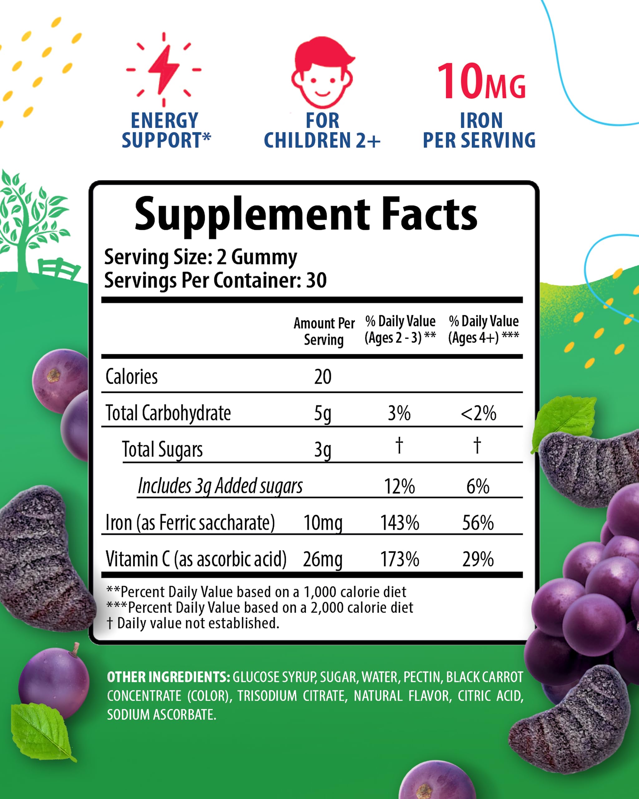 Sunny Sam Iron Gummies kids closeup showing soft grape chews
