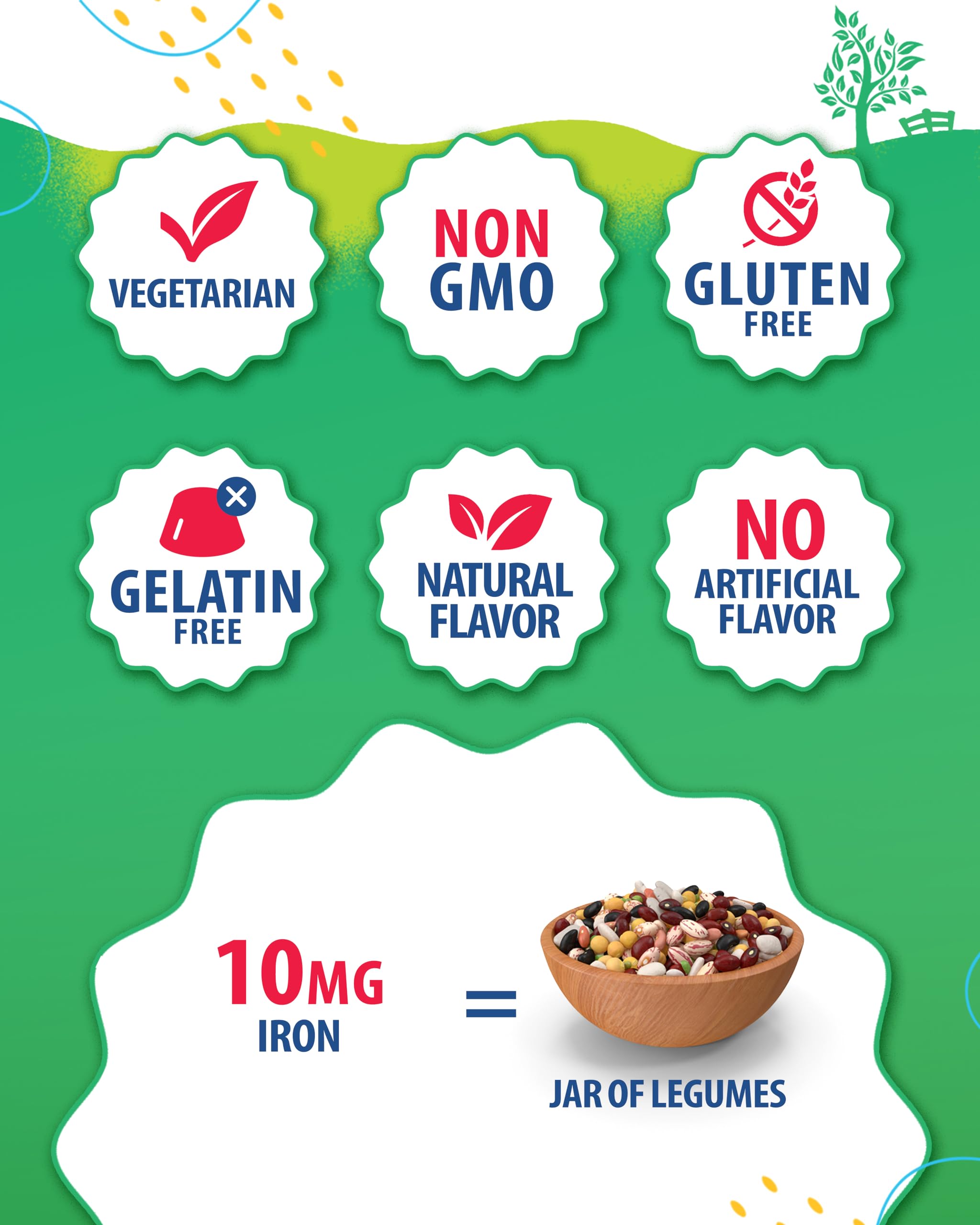 Sunny Sam Iron Gummies kids packaging front emphasizing allergen information