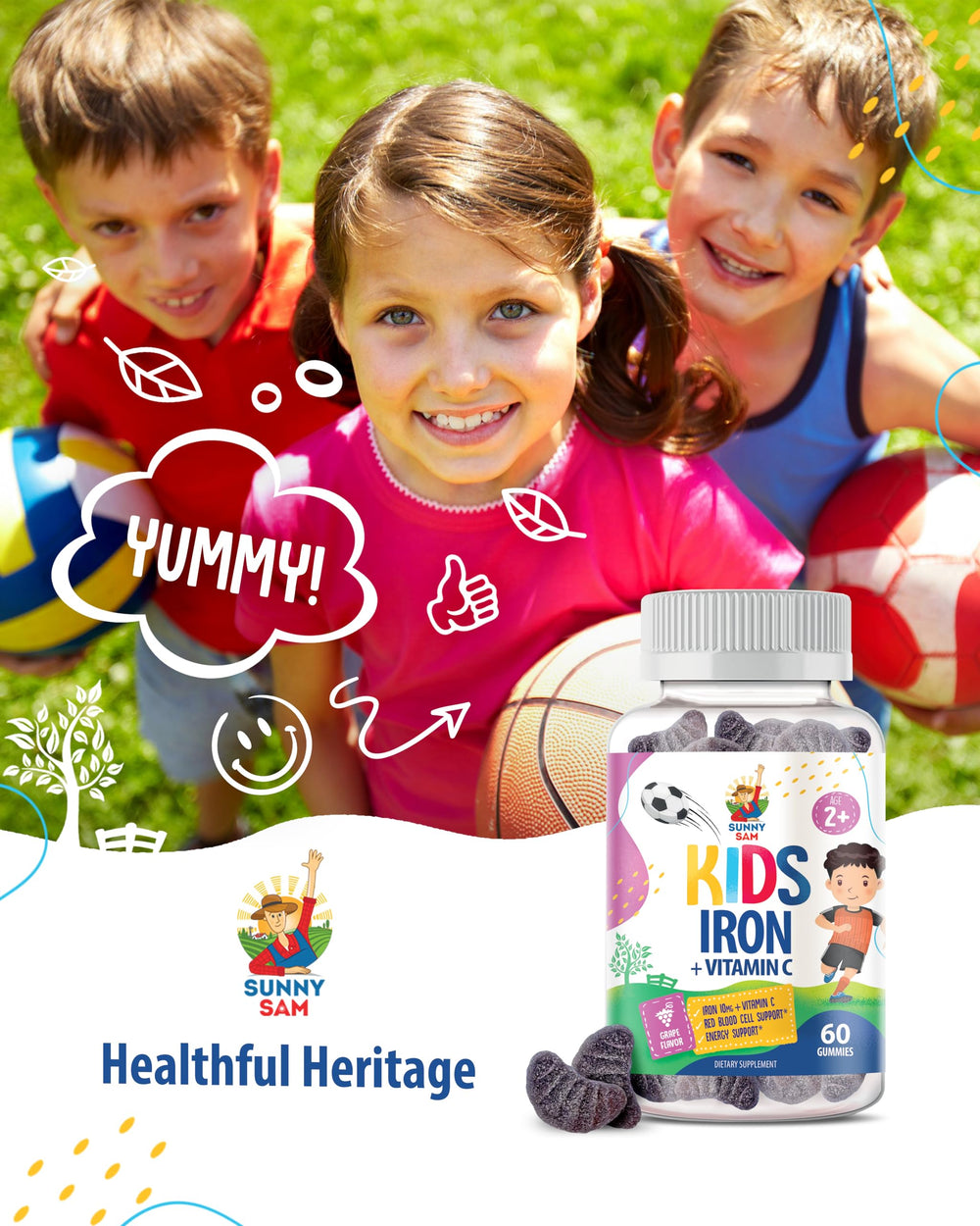 Sunny Sam Iron Gummies kids vitamin C label highlights immune theme