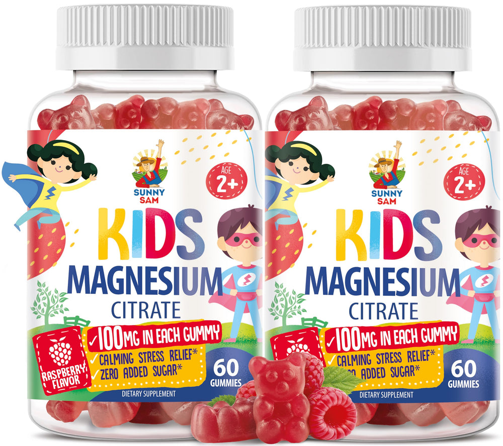Sunny Sam magnesium gummies bottle shows 2-pack option for kids and adults.