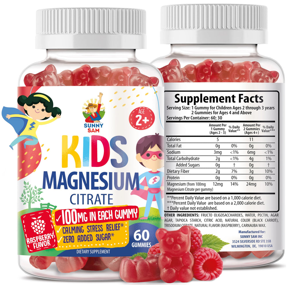 Sunny Sam Magnesium Gummies raspberry flavor for calm mood and gentle bedtime routine.