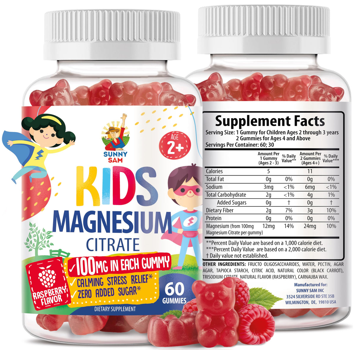 Sunny Sam Magnesium Gummies raspberry flavor for calm mood and gentle bedtime routine.