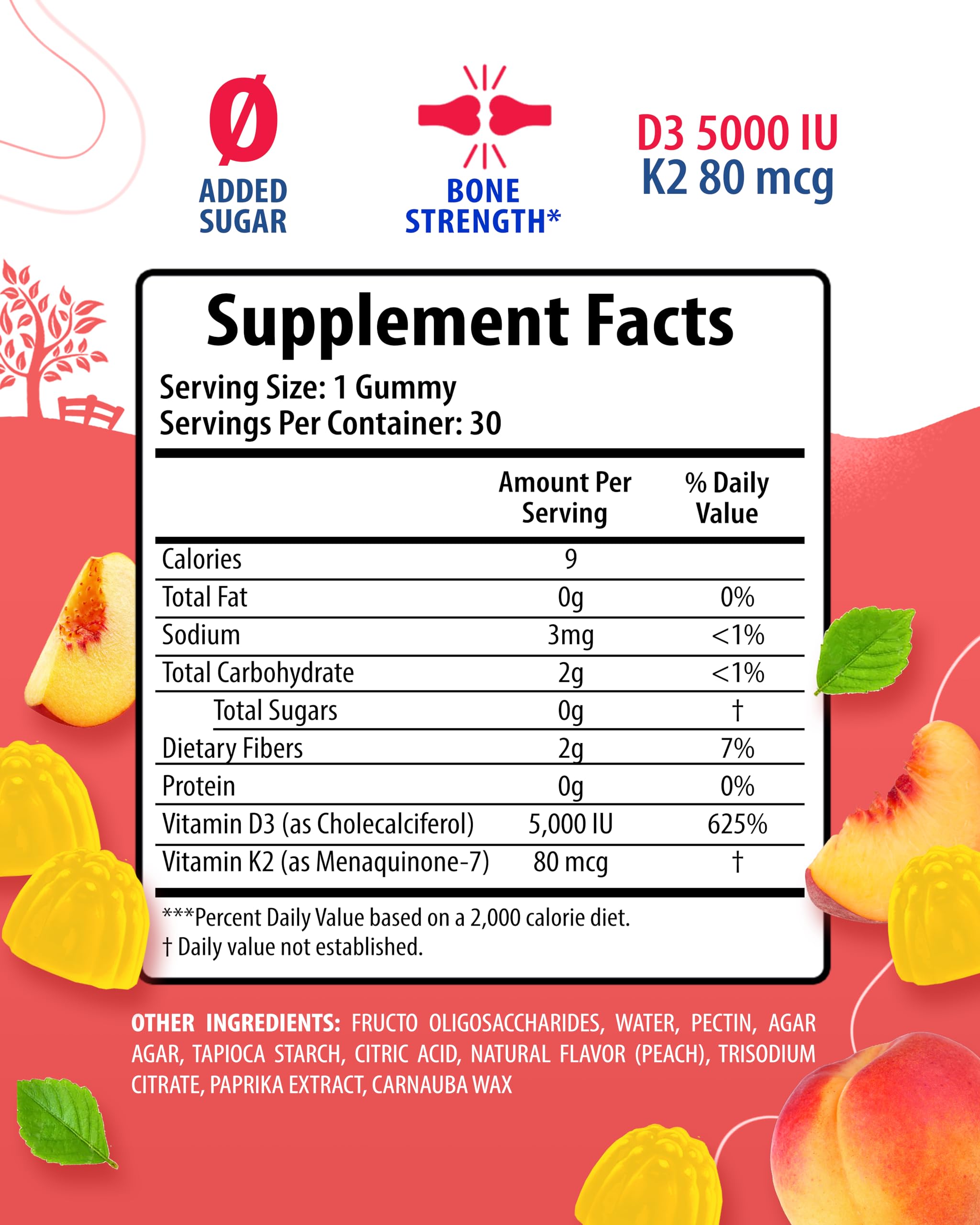 Peach-flavored gummies pack by Sunny Sam for daily D3 K2.