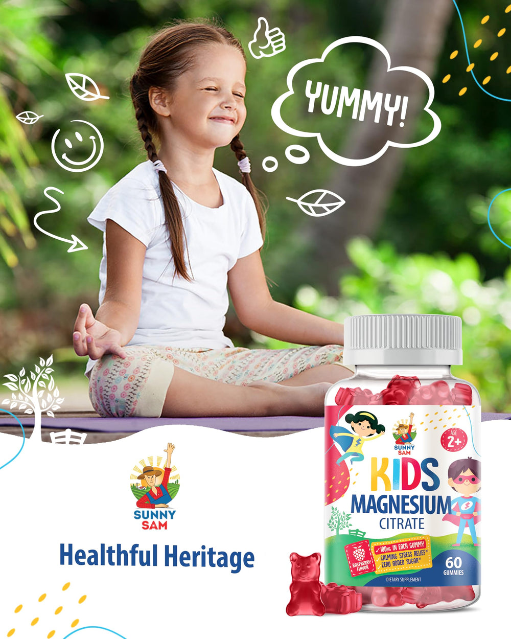 Sunny Sam raspberry flavor gummies on lid showcase family-friendly daily supplementation.