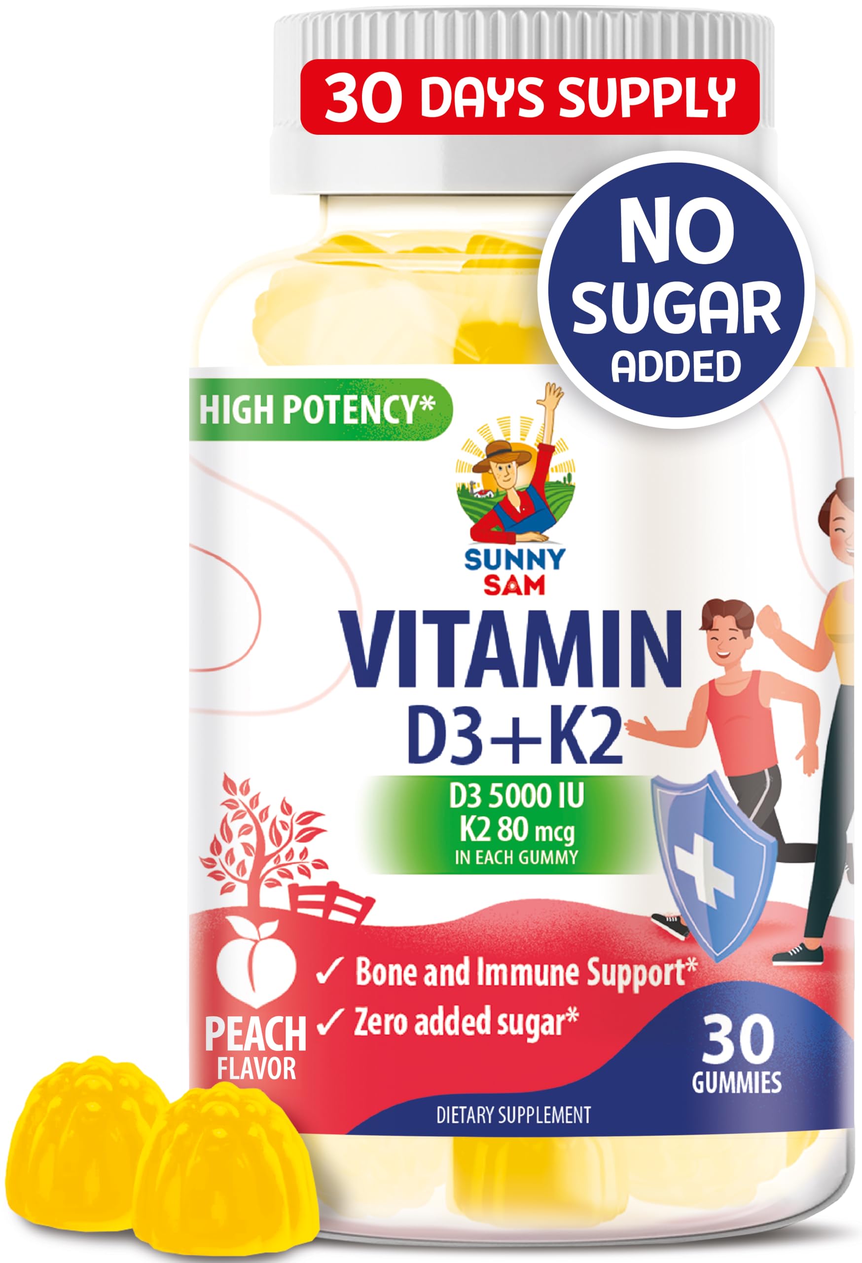 Sunny Sam bottle with sugar-free vitamin D3 K2 for bone support.